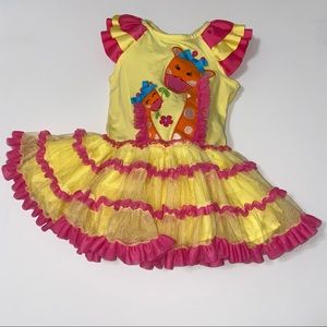 Emily Rose Yellow And Pink Giraffe Dress With Tulle And Ribbon Ruffles, Size 2T